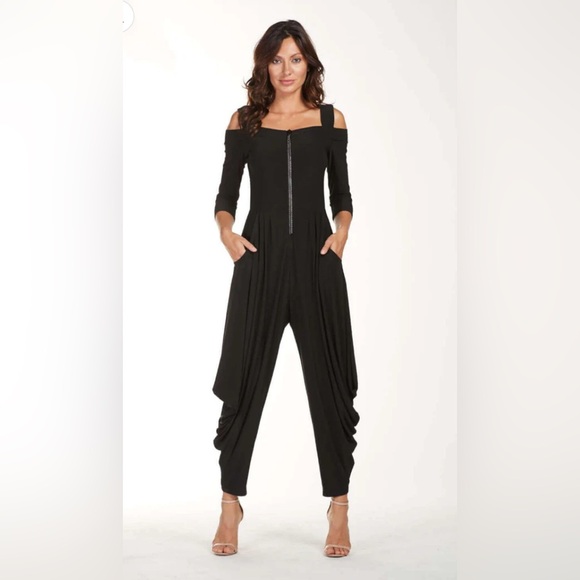Frank Lyman Design Pants - Frank Lyman Black Cold-Shoulder Silky Harem style Jumpsuit Formal Pockets Sz 16